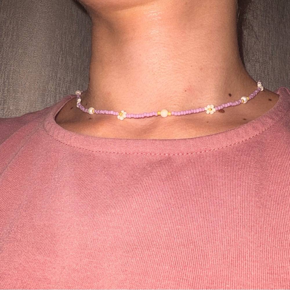 Pink Beaded Daisy Choker Necklace (toho beads)